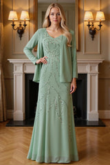 Dreamyannie Sage Green Sequins 2 Piece Floor Length Mother Of The Bride Dress With Jacket