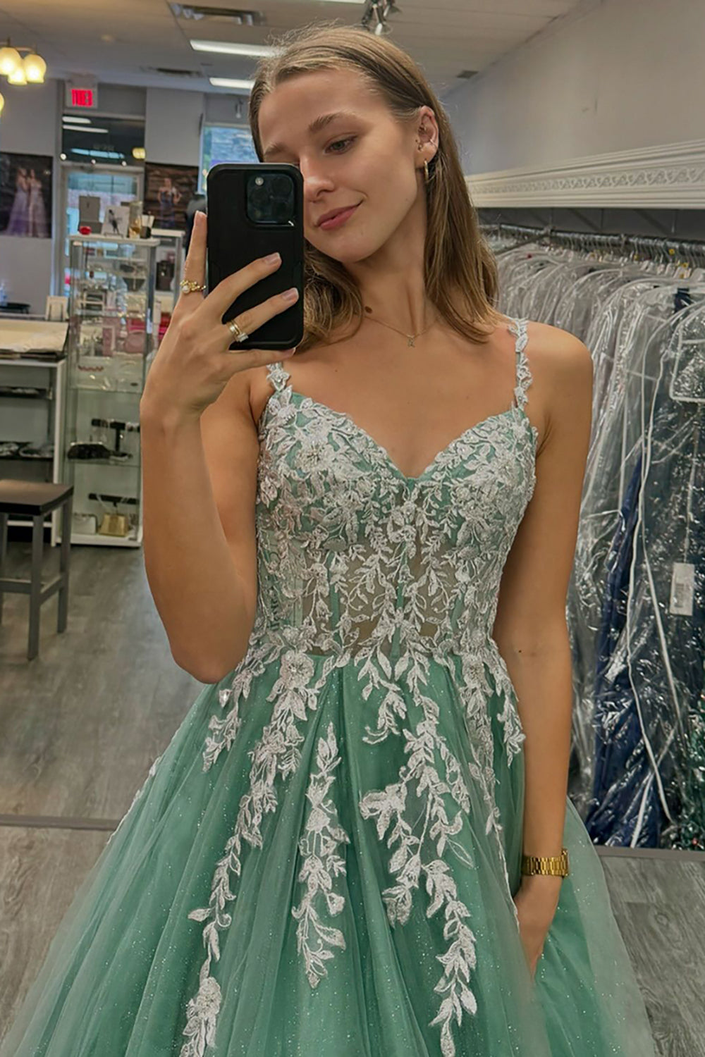 Dreamyannie Sage Prom Dress Floral A-Line Spaghetti Straps Long Evening Dress