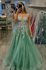 Dreamyannie Sage Prom Dress Floral A-Line Spaghetti Straps Long Evening Dress