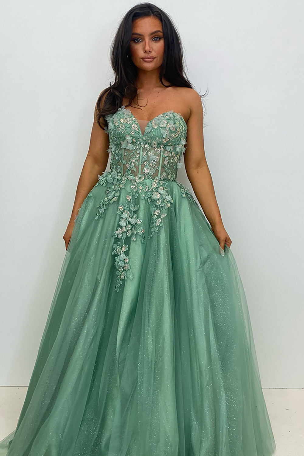 Dreamyannie Sage Prom Dress Floral A-Line Sweetheart Corset Long Evening Dress