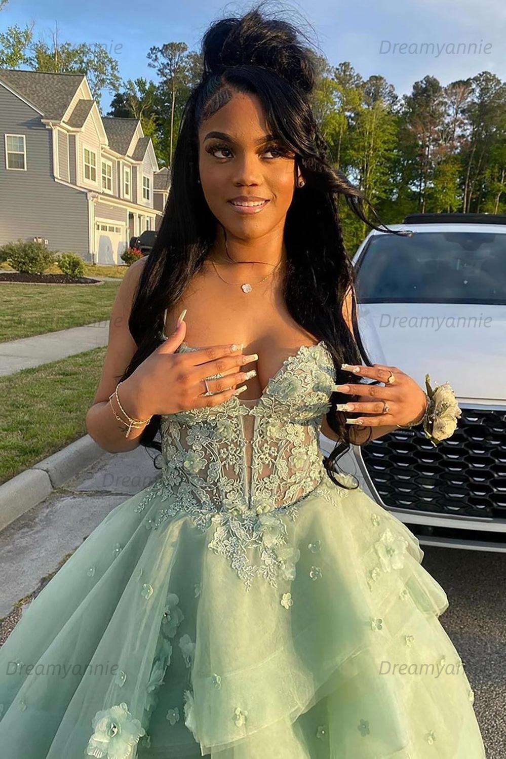 Dreamyannie Sage Prom Dress Floral Tiered Ruffles A-Line Sweetheart Corset Long Formal Dress