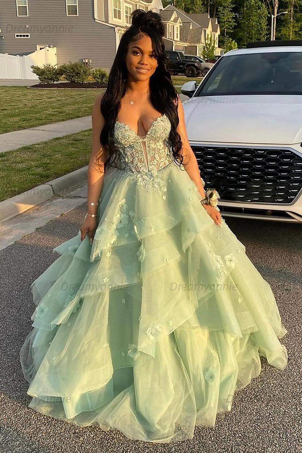 Dreamyannie Sage Prom Dress Floral Tiered Ruffles A-Line Sweetheart Corset Long Formal Dress