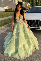 Dreamyannie Sage Prom Dress Floral Tiered Ruffles A-Line Sweetheart Corset Long Formal Dress