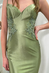 Dreamyannie Sage Prom Dress Mermaid Satin Spaghetti Straps Long Evening Dress With Appliques