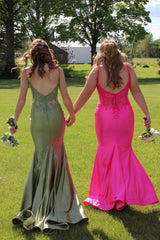 Dreamyannie Sage Prom Dress Mermaid Satin Spaghetti Straps Long Evening Dress With Appliques
