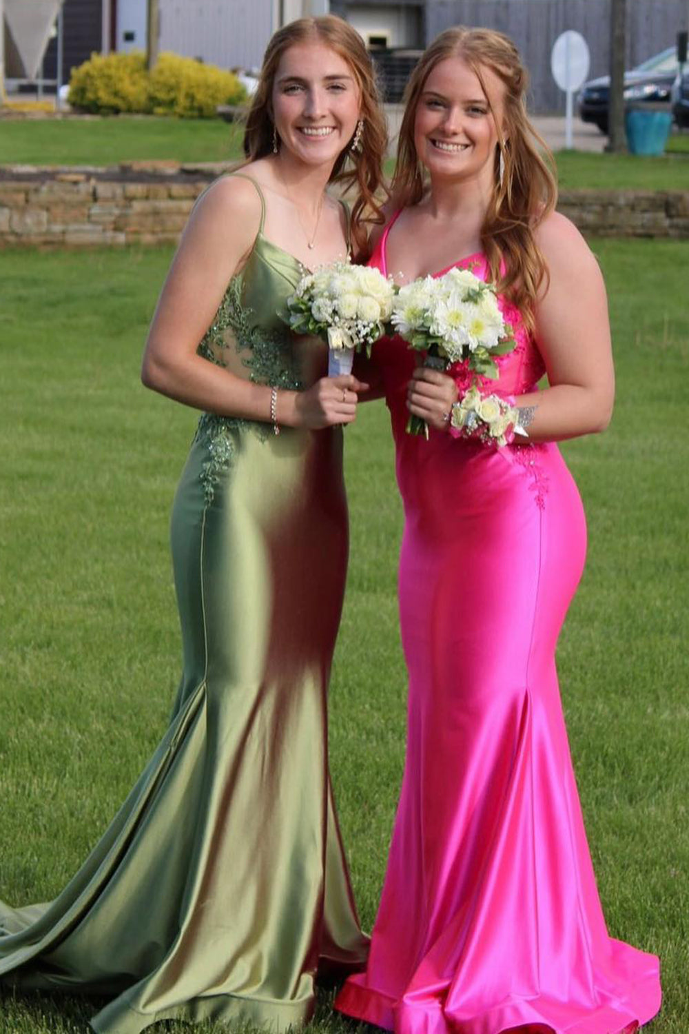 Dreamyannie Sage Prom Dress Mermaid Satin Spaghetti Straps Long Evening Dress With Appliques