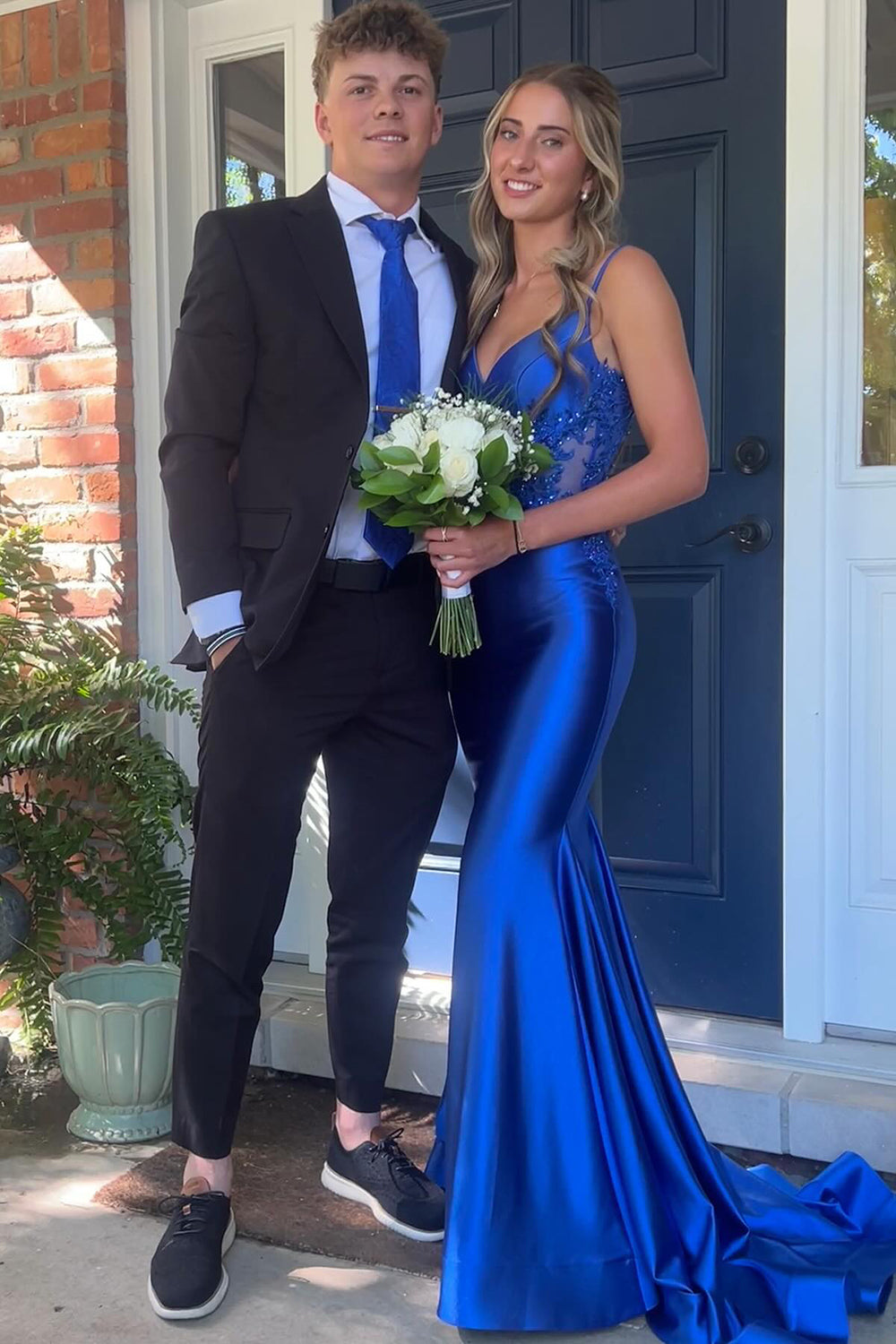 Dreamyannie Sage Prom Dress Mermaid Satin Spaghetti Straps Long Evening Dress With Appliques