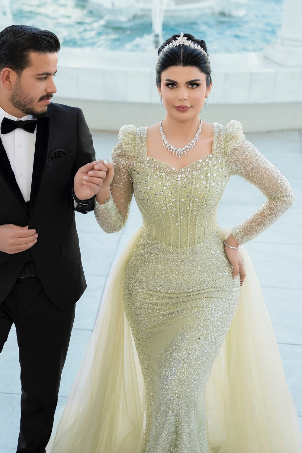 Dreamyannie Sage Prom Dress Mermaid Square Sleeves Sequined Panel Train Tulle Formal Dress With Rhinestones