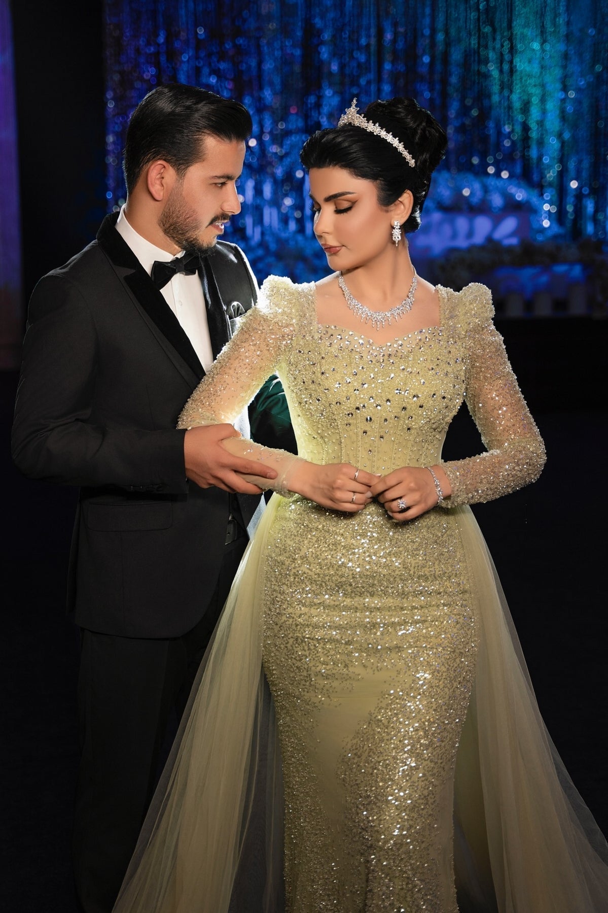 Dreamyannie Sage Prom Dress Mermaid Square Sleeves Sequined Panel Train Tulle Formal Dress With Rhinestones