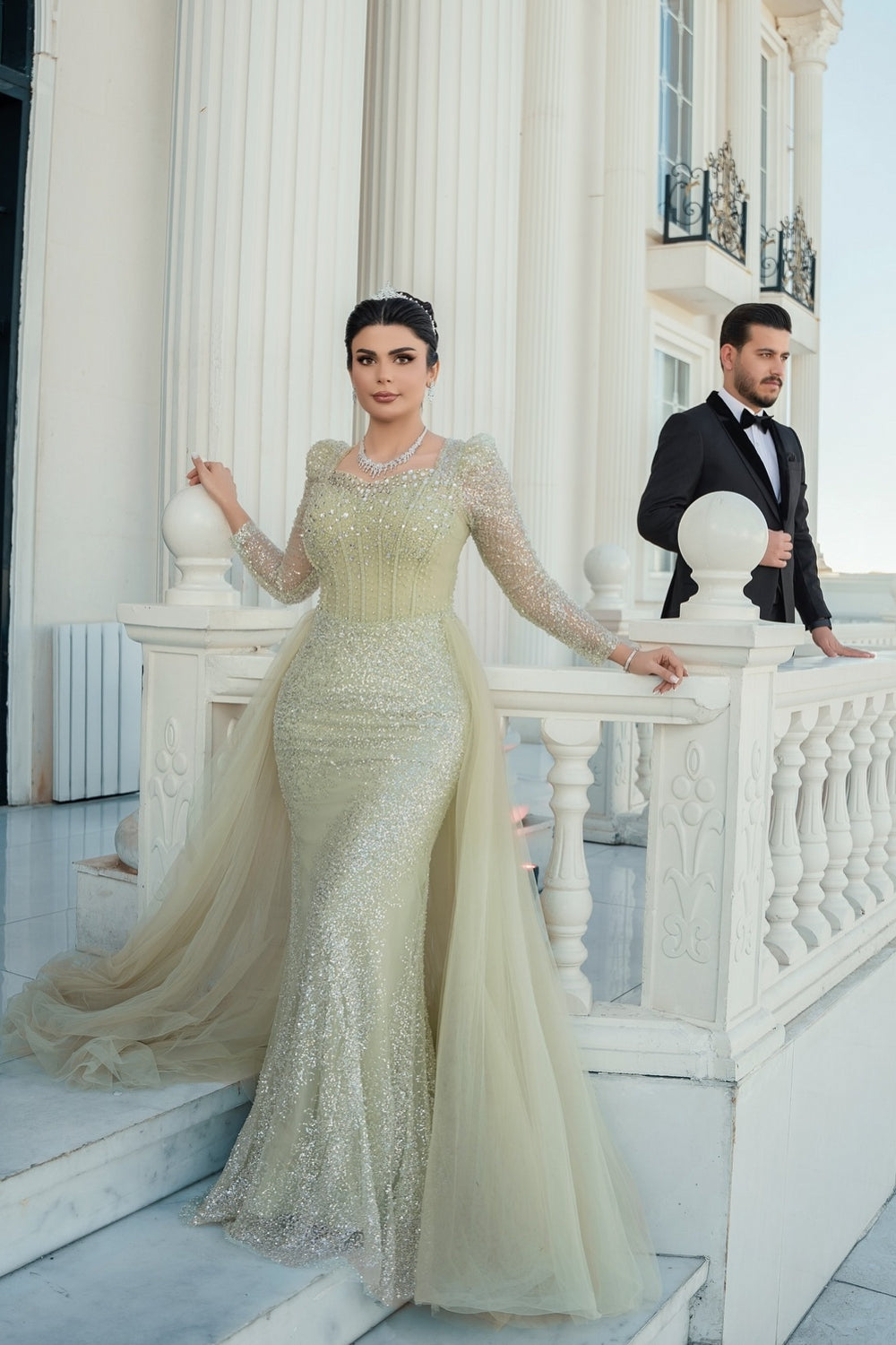 Dreamyannie Sage Prom Dress Mermaid Square Sleeves Sequined Panel Train Tulle Formal Dress With Rhinestones