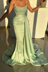 Dreamyannie Sage Prom Dress Mermaid Strapless Beading Jewel Sleeveless Evening Dress
