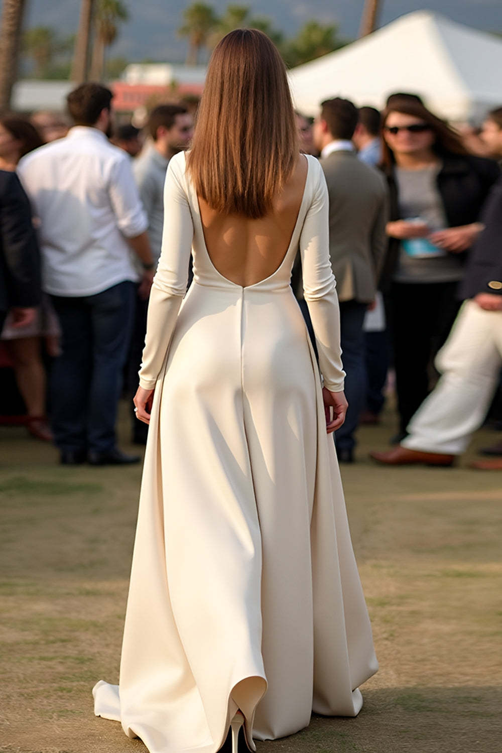 Dreamyannie Satin A Line Apricot Wedding Guest Dress Gala Dress With Long Sleeves