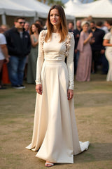 Dreamyannie Satin A Line Apricot Wedding Guest Dress Gala Dress With Long Sleeves