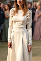 Dreamyannie Satin A Line Apricot Wedding Guest Dress Gala Dress With Long Sleeves