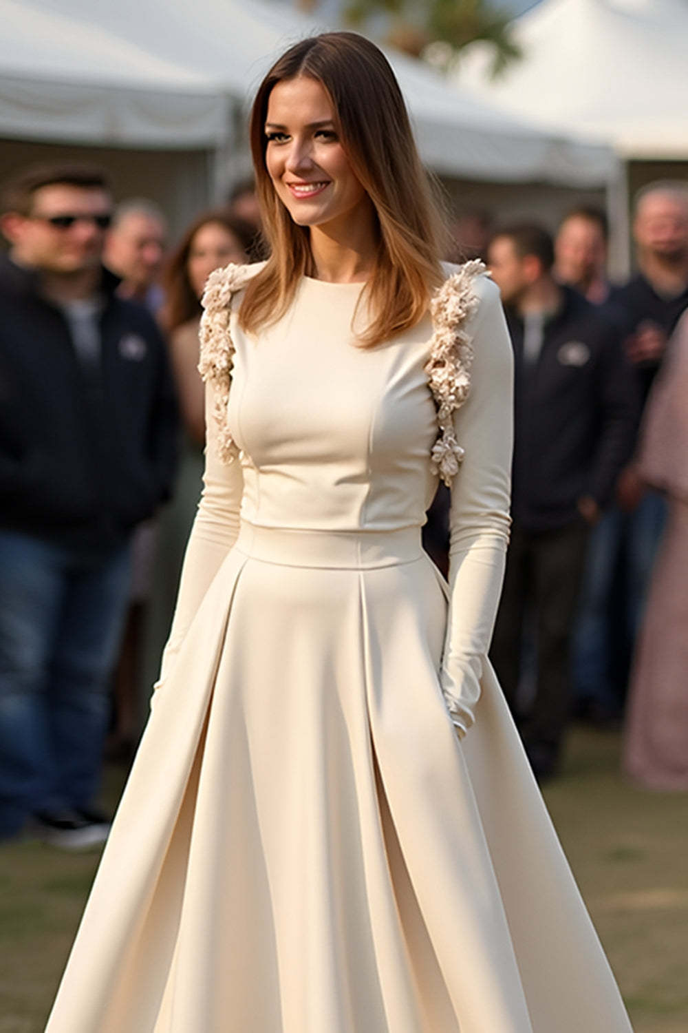 Dreamyannie Satin A Line Apricot Wedding Guest Dress Gala Dress With Long Sleeves