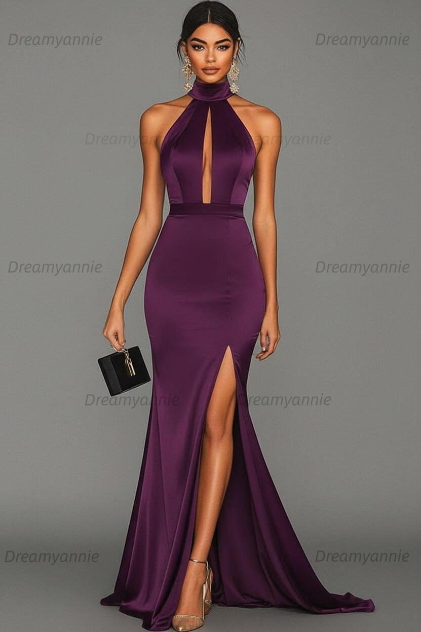 Dreamyannie Satin Black Wedding Guest Dress Mermaid Halter Neck Formal Dress