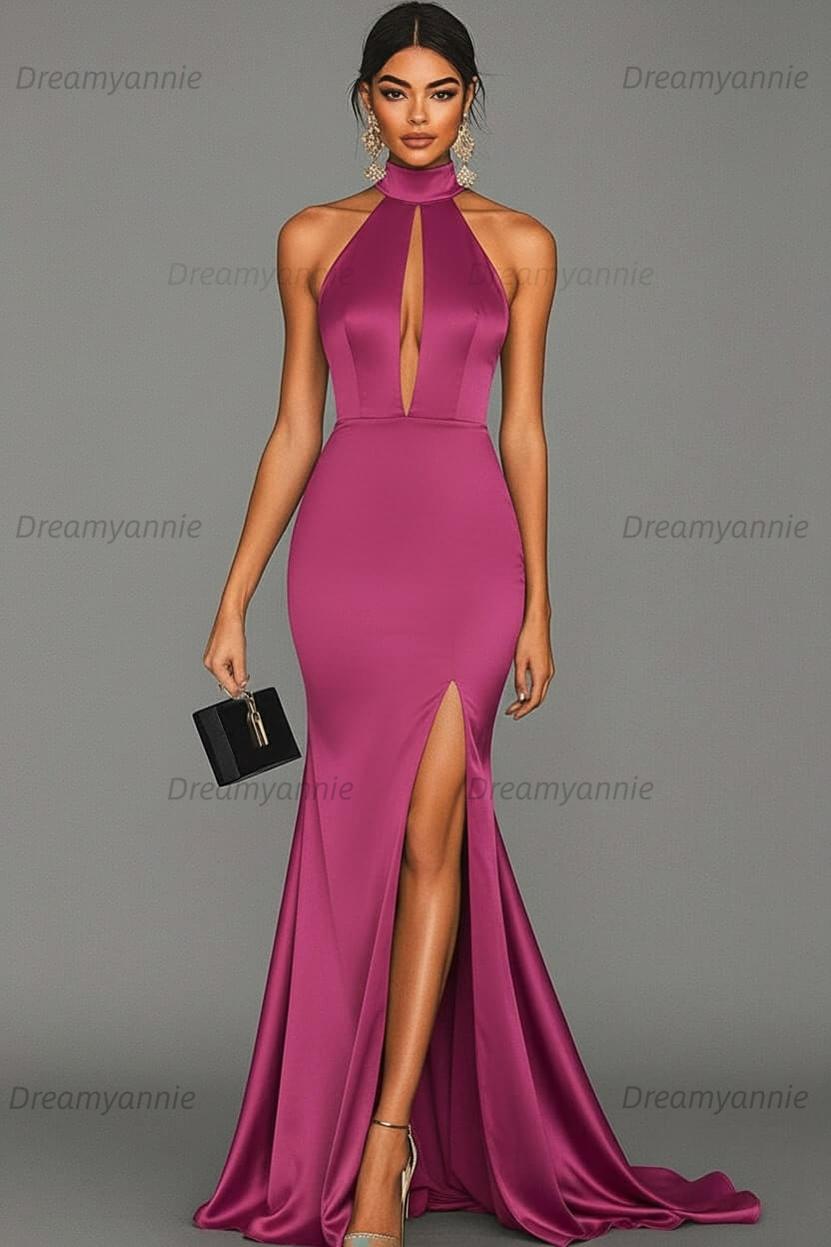 Dreamyannie Satin Black Wedding Guest Dress Mermaid Halter Neck Formal Dress