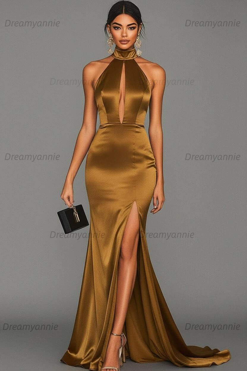 Dreamyannie Satin Black Wedding Guest Dress Mermaid Halter Neck Formal Dress