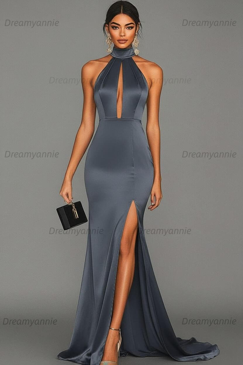 Dreamyannie Satin Black Wedding Guest Dress Mermaid Halter Neck Formal Dress