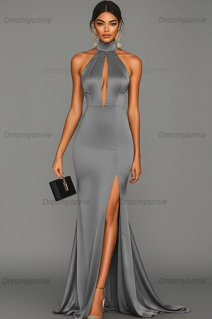 Dreamyannie Satin Black Wedding Guest Dress Mermaid Halter Neck Formal Dress