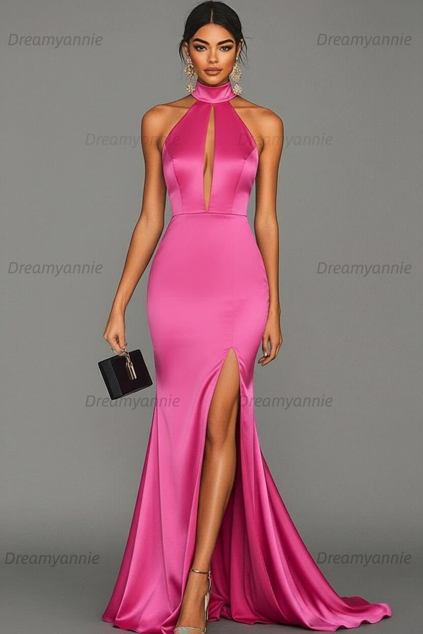 Dreamyannie Satin Black Wedding Guest Dress Mermaid Halter Neck Formal Dress