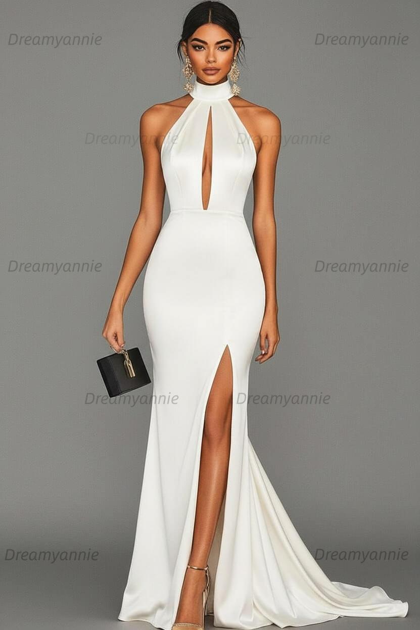Dreamyannie Satin Black Wedding Guest Dress Mermaid Halter Neck Formal Dress