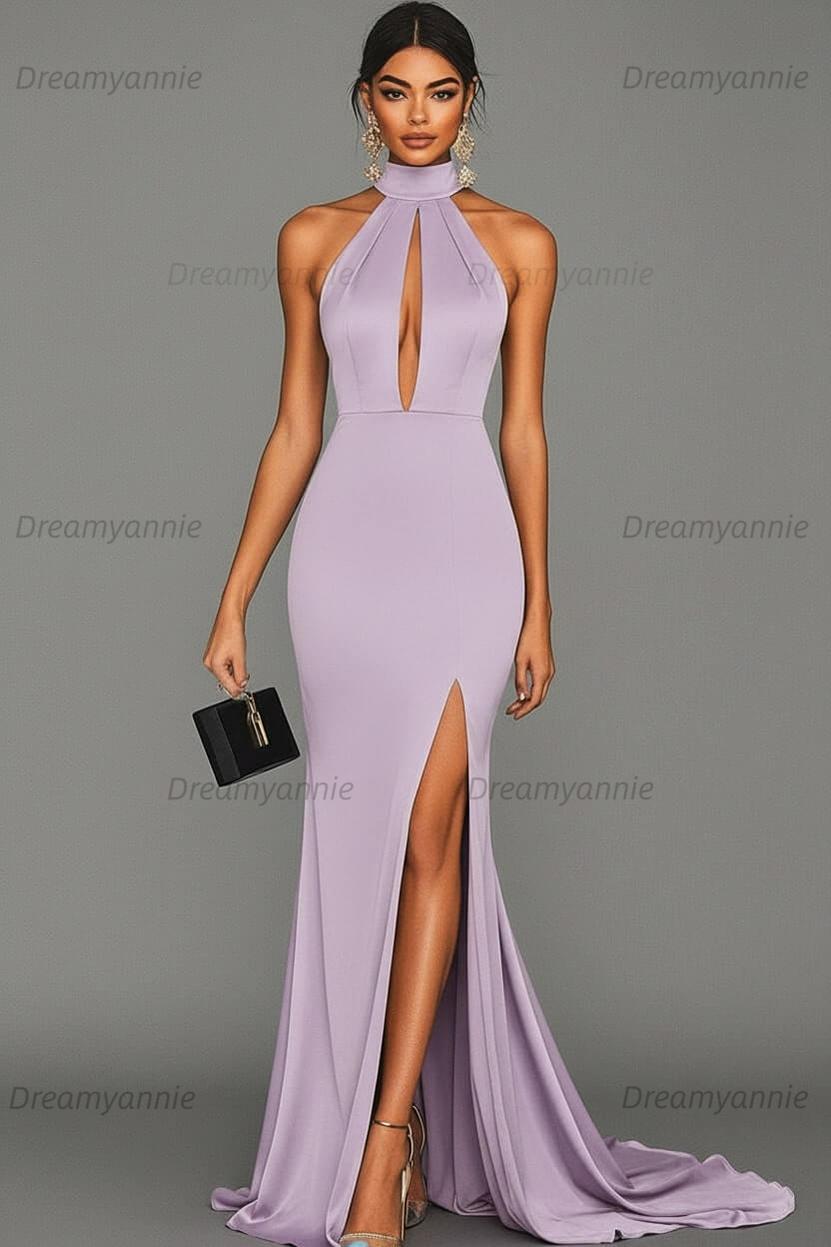 Dreamyannie Satin Black Wedding Guest Dress Mermaid Halter Neck Formal Dress