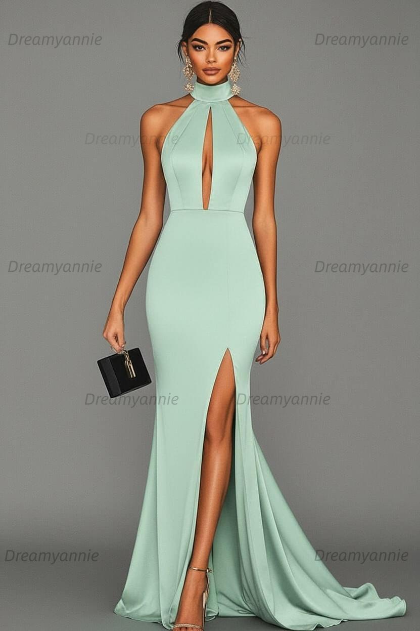 Dreamyannie Satin Black Wedding Guest Dress Mermaid Halter Neck Formal Dress