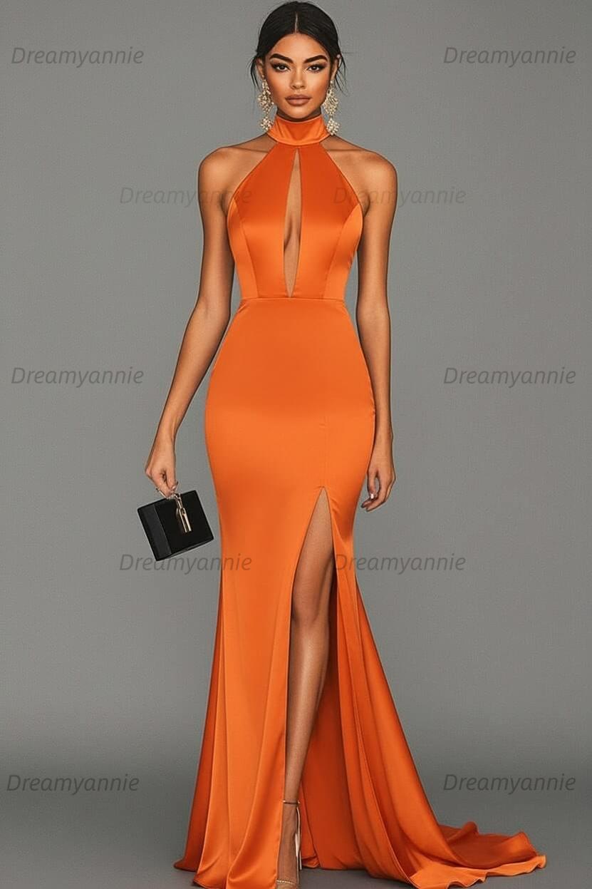 Dreamyannie Satin Black Wedding Guest Dress Mermaid Halter Neck Formal Dress