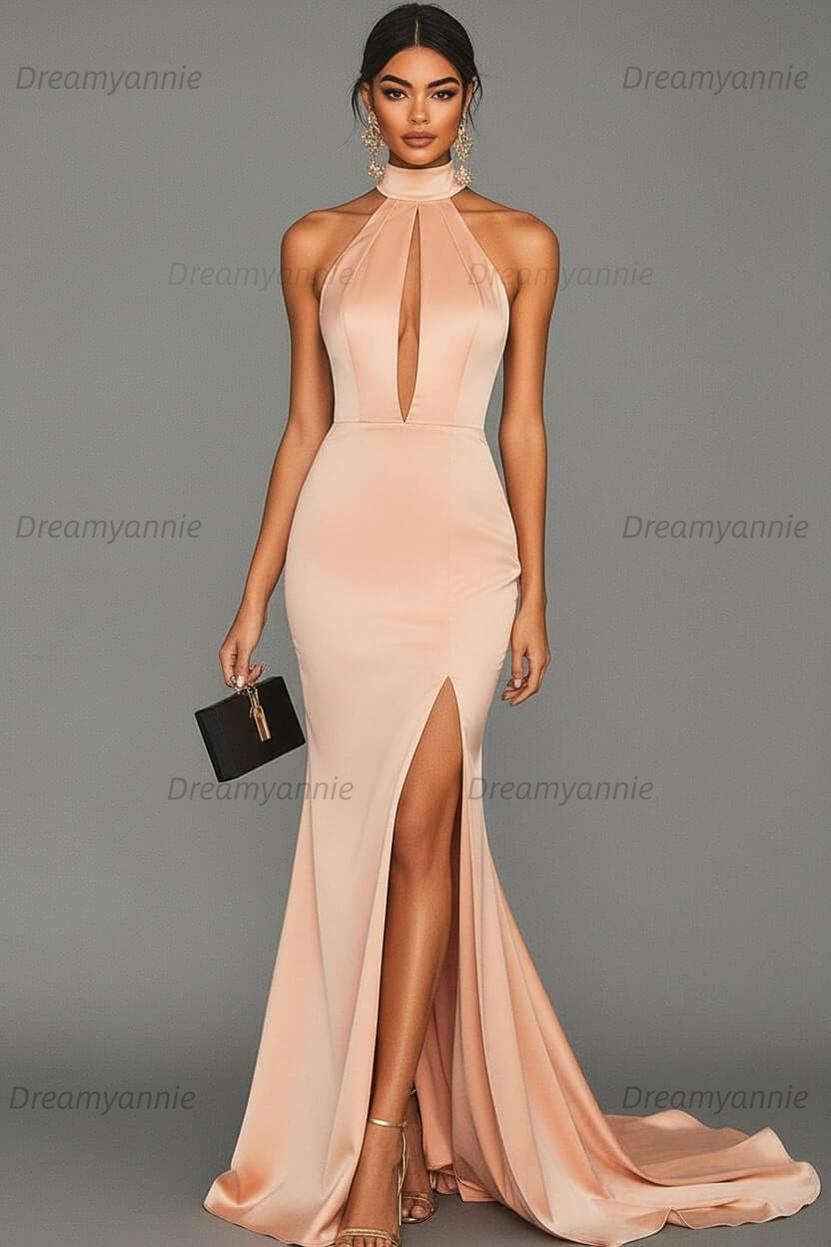 Dreamyannie Satin Black Wedding Guest Dress Mermaid Halter Neck Formal Dress