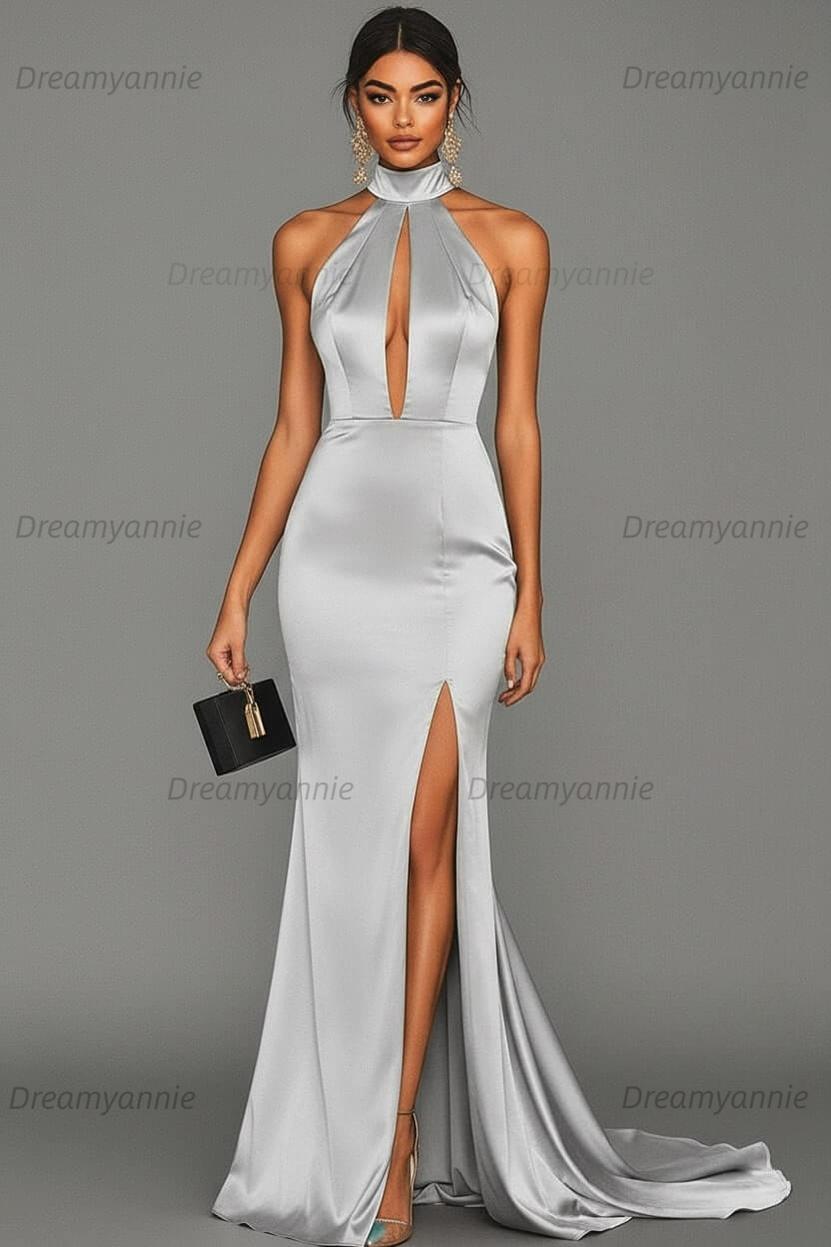 Dreamyannie Satin Black Wedding Guest Dress Mermaid Halter Neck Formal Dress