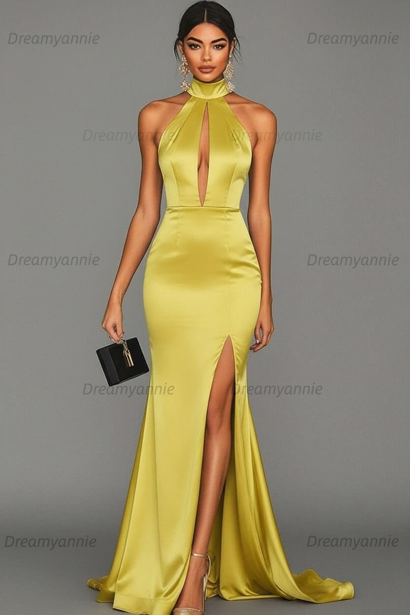 Dreamyannie Satin Black Wedding Guest Dress Mermaid Halter Neck Formal Dress