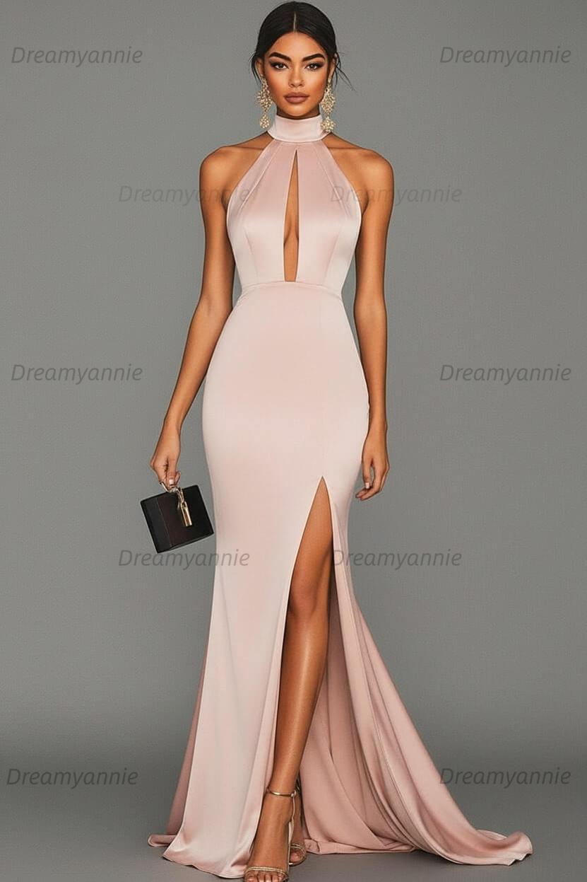 Dreamyannie Satin Black Wedding Guest Dress Mermaid Halter Neck Formal Dress
