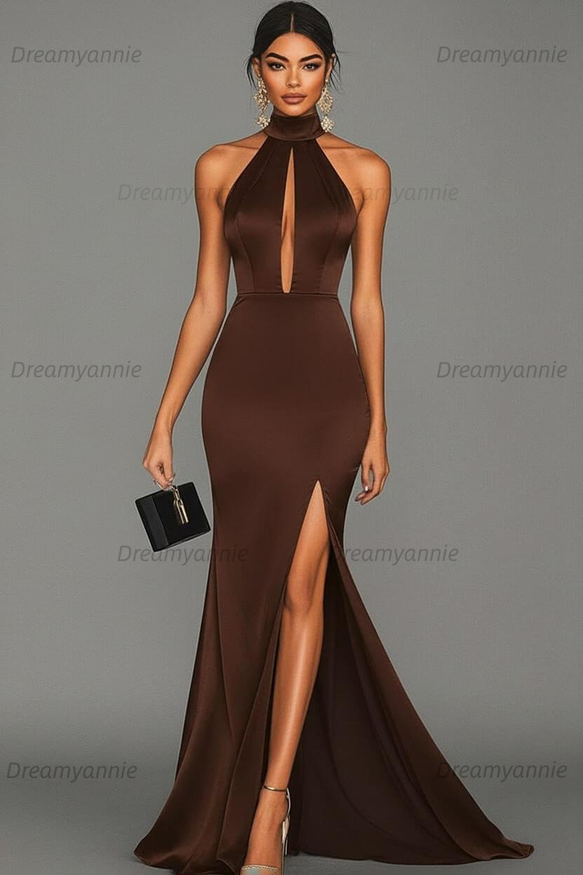 Dreamyannie Satin Black Wedding Guest Dress Mermaid Halter Neck Formal Dress