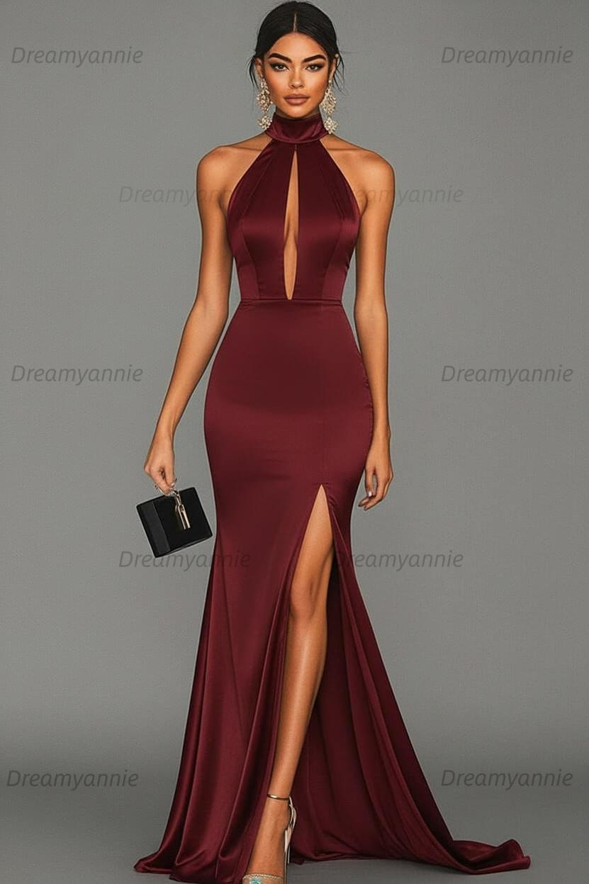 Dreamyannie Satin Black Wedding Guest Dress Mermaid Halter Neck Formal Dress