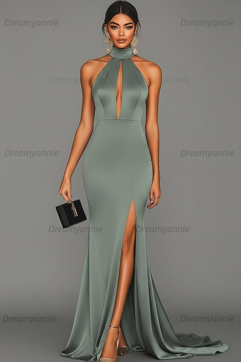 Dreamyannie Satin Black Wedding Guest Dress Mermaid Halter Neck Formal Dress
