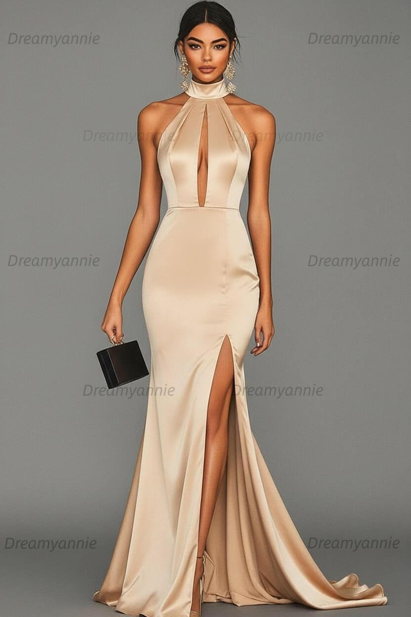 Dreamyannie Satin Black Wedding Guest Dress Mermaid Halter Neck Formal Dress