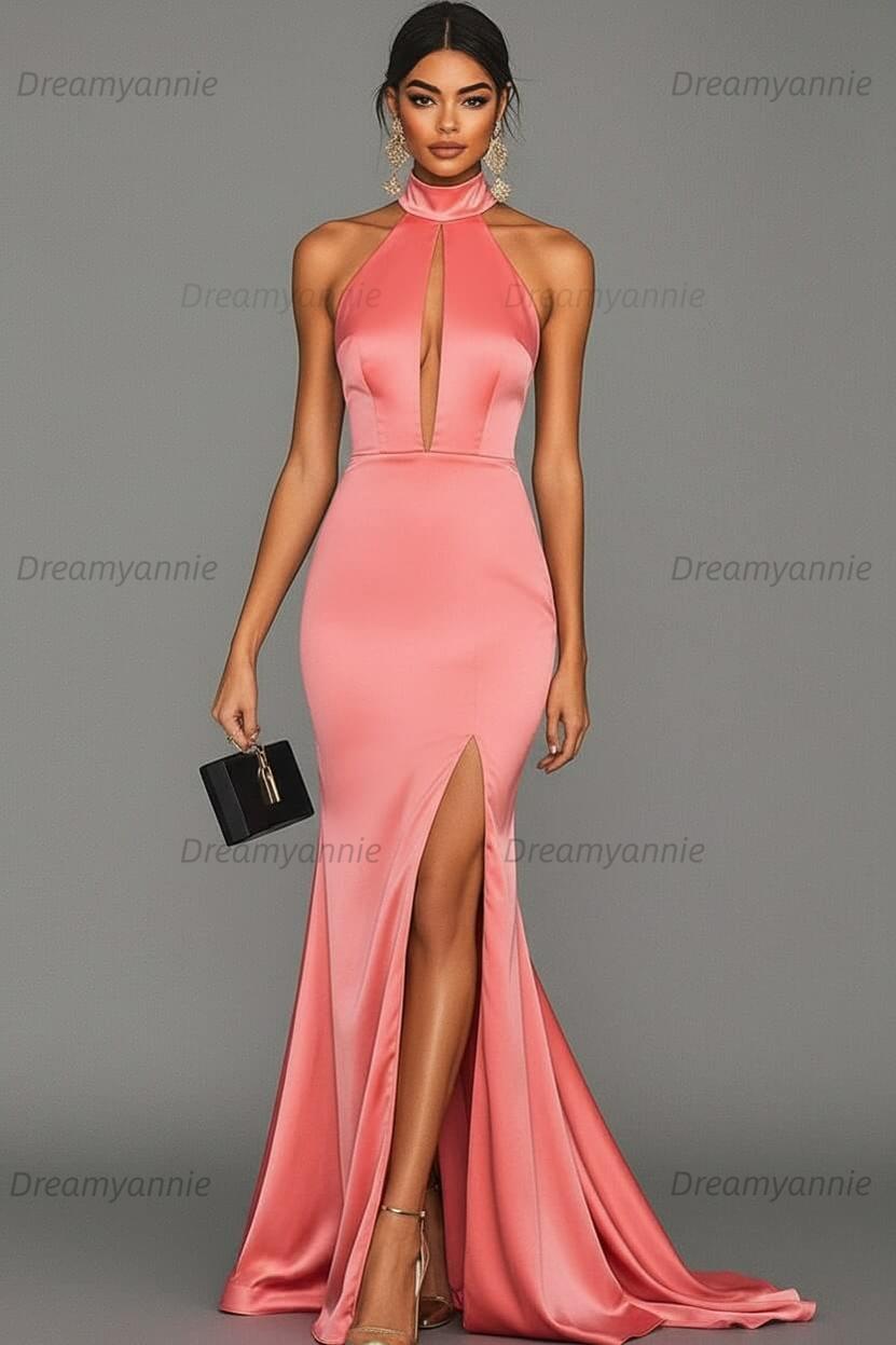 Dreamyannie Satin Black Wedding Guest Dress Mermaid Halter Neck Formal Dress
