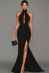 Dreamyannie Satin Black Wedding Guest Dress Mermaid Halter Neck Formal Dress