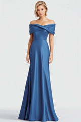 Dreamyannie Satin Blue Wedding Guest Dress Mermaid Off The Shoulder Long Formal Dress With Ruch