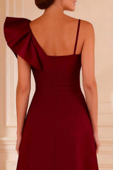 Dreamyannie Satin Burgundy Ruffled A Line Asymmetrical Neck Long Mother Of The Bride Dress
