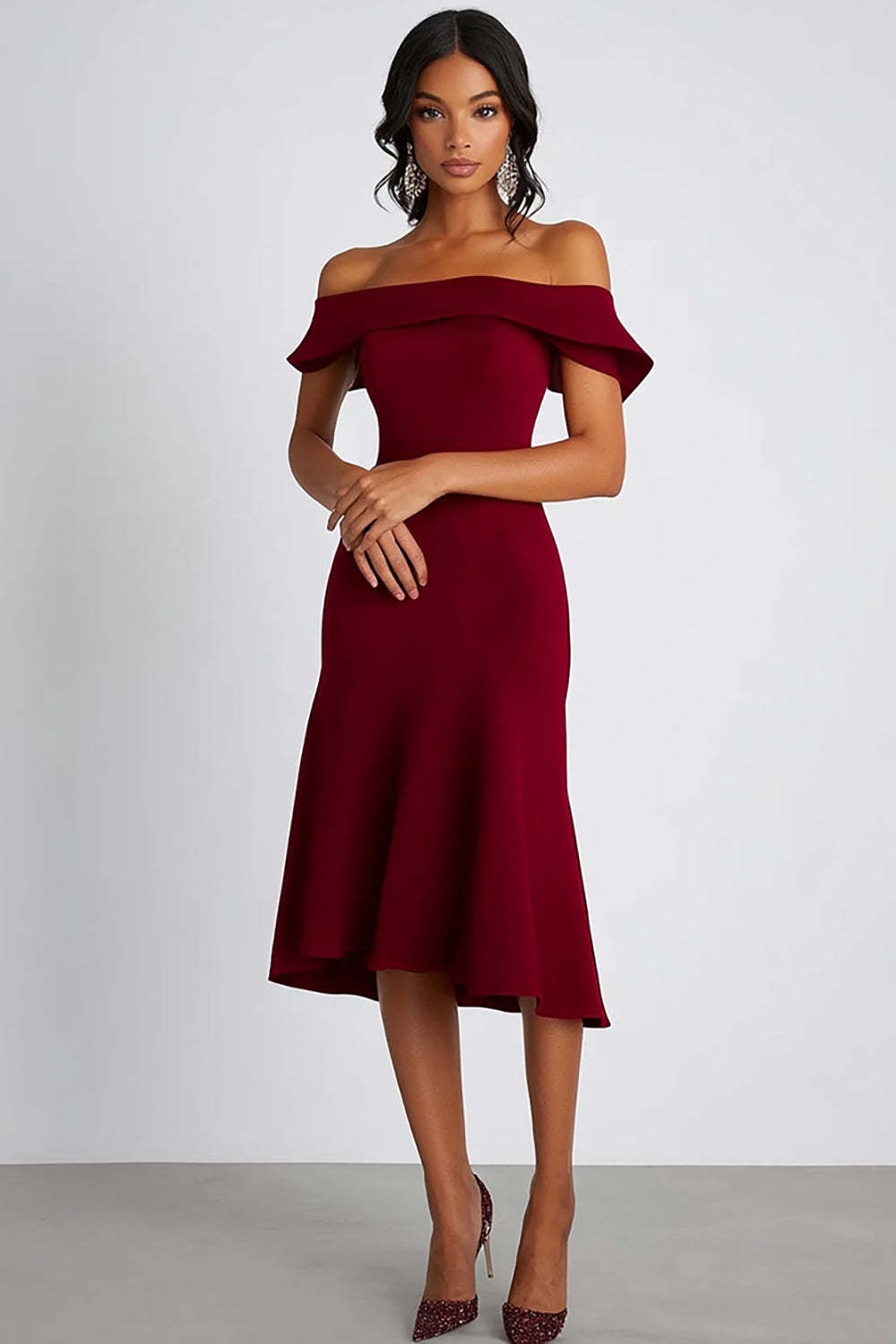 Dreamyannie Satin Burgundy Wedding Guest Dress Off The Shoulder Knee-Length Formal Dress