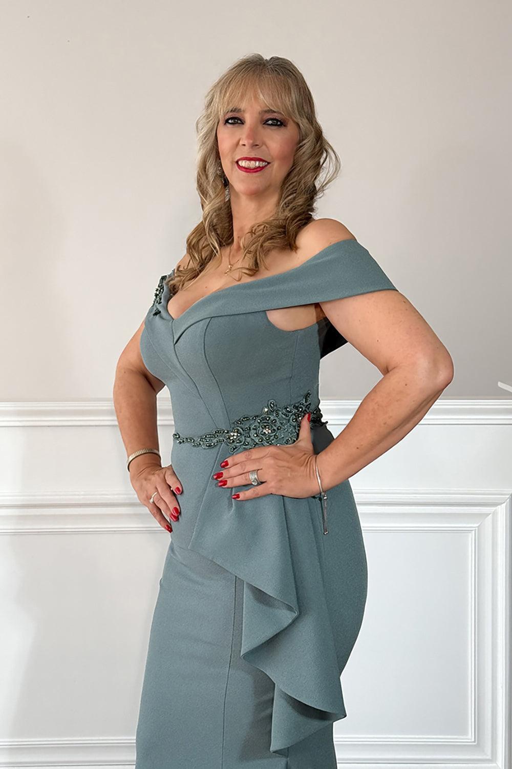 Dreamyannie Satin Grey Mermaid Long Mother Of The Bride Dress With Ruffles