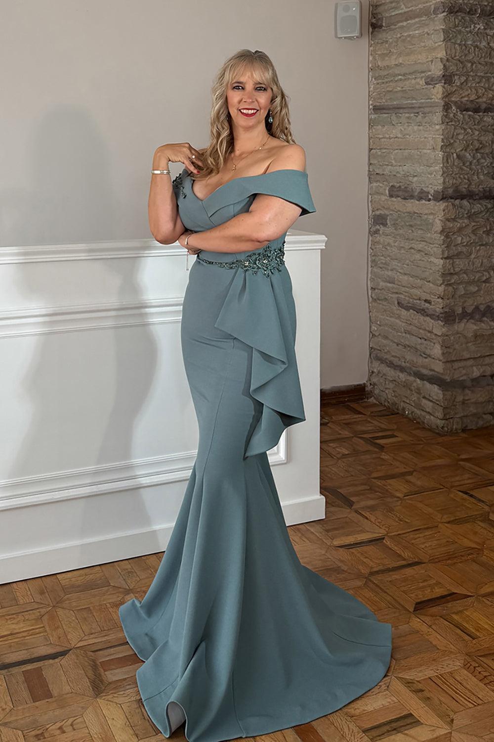 Dreamyannie Satin Grey Mermaid Long Mother Of The Bride Dress With Ruffles