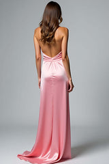 Dreamyannie Satin Long Backless Pink Wedding Guest Dress Halter Formal Dress With Slit