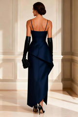 Dreamyannie Satin Navy Spaghetti Straps Ruched Asymmetrical Mother Of The Bride Dress