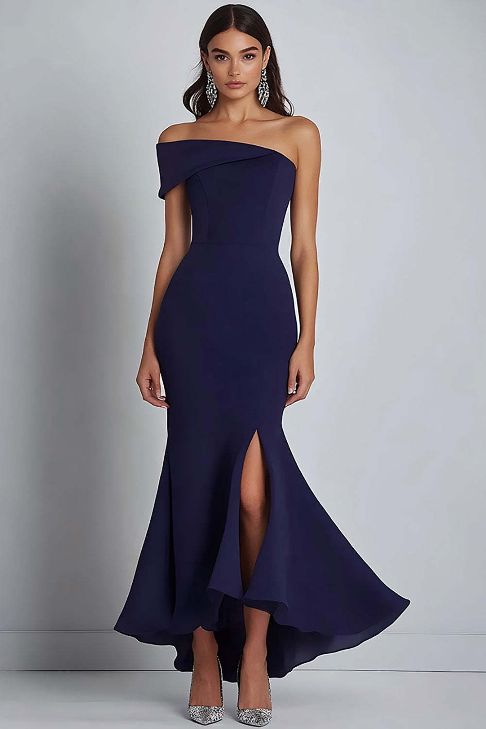 Dreamyannie Satin Navy Wedding Guest Dress Sheath Off The Shoulder Long Formal Dress With Slit