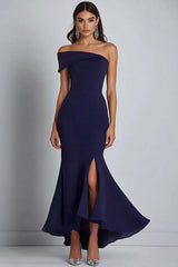 Dreamyannie Satin Navy Wedding Guest Dress Sheath Off The Shoulder Long Formal Dress With Slit