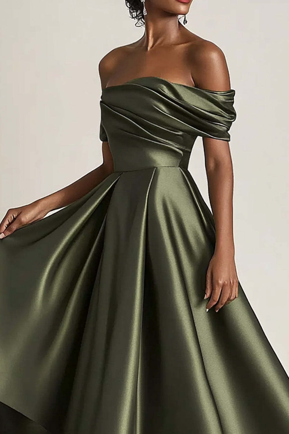 Dreamyannie Satin Olive Wedding Guest Dress A-Line Off The Shoulder Ruched Ankle Length Formal Dress