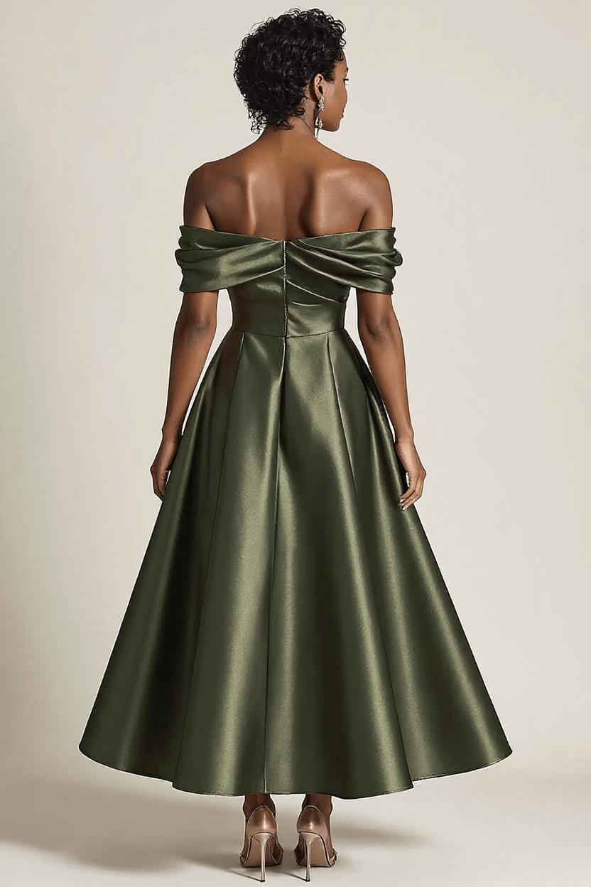 Dreamyannie Satin Olive Wedding Guest Dress A-Line Off The Shoulder Ruched Ankle Length Formal Dress